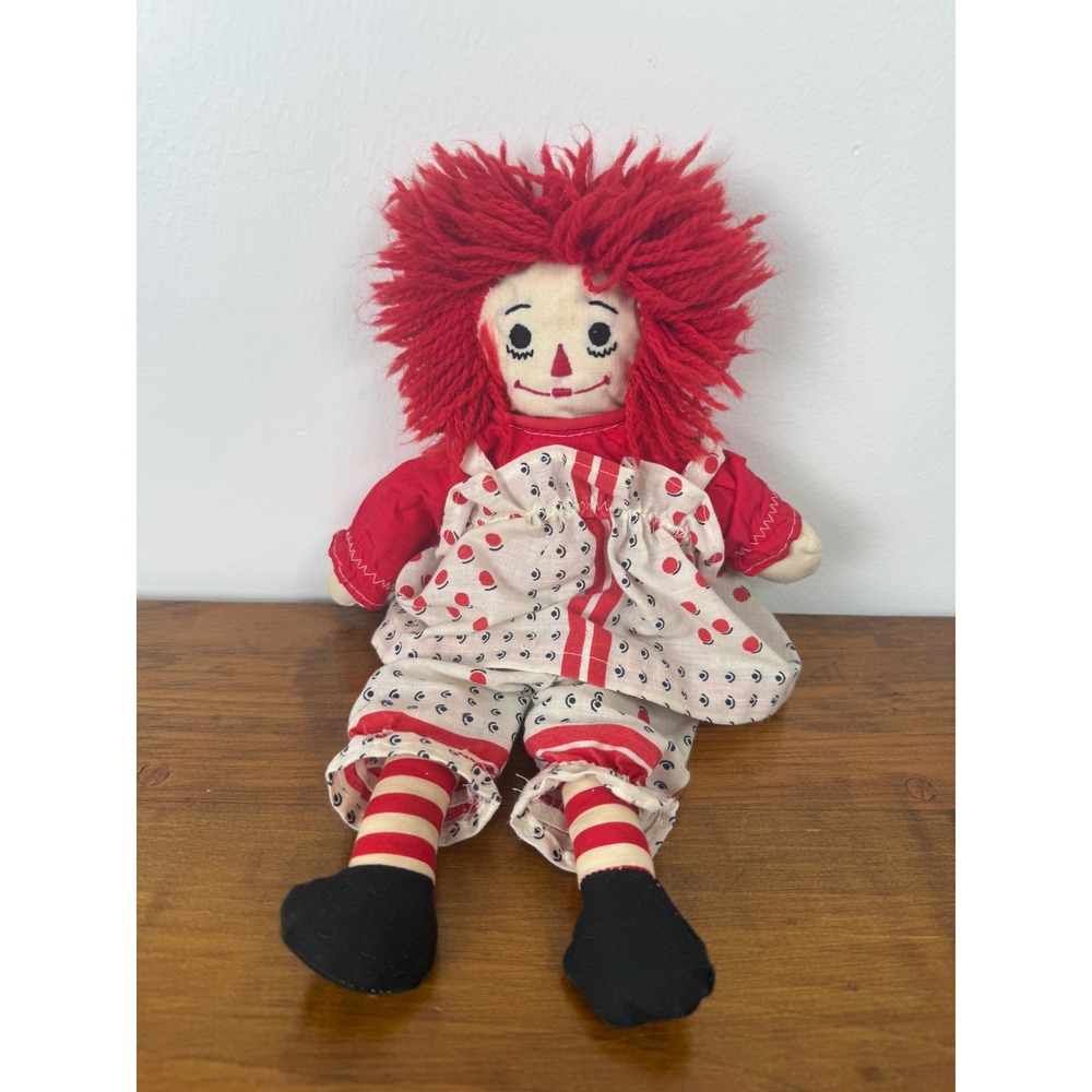Vintage Raggedy Ann Cloth Doll Red Yarn Hair Embroidered Striped Handmade Toy